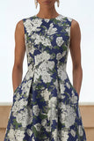 Robe d'invitée de mariage midi marine imprimé floral ligne A avec poches