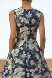 Robe d'invitée de mariage midi marine imprimé floral ligne A avec poches
