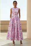 Robe midi à col rond imprimée en fleurs de lilas avec poches