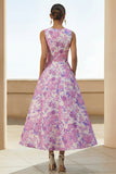Robe midi à col rond imprimée en fleurs de lilas avec poches