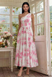 Robe Midi à une épaule imprimée à fleurs fuchsia blanches à une épaule