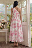 Robe Midi à une épaule imprimée à fleurs fuchsia blanches à une épaule