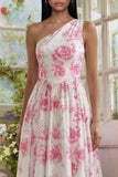 Robe Midi à une épaule imprimée à fleurs fuchsia blanches à une épaule