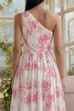 Robe Midi à une épaule imprimée à fleurs fuchsia blanches à une épaule