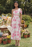 Robe Midi à fleur fuchsia blanche à une épaule imprimée en ligne