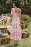 Robe Midi à fleur fuchsia blanche à une épaule imprimée en ligne