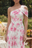 Robe Midi à fleur fuchsia blanche à une épaule imprimée en ligne