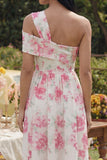 Robe Midi à fleur fuchsia blanche à une épaule imprimée en ligne