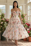 Robe d'invitée de mariage midi noire tulle ligne A bustier floral épaules dénudées appliqué