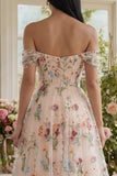 Robe d'invitée de mariage midi noire tulle ligne A bustier floral épaules dénudées appliqué