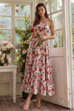 Robe Midi à ligne imprimée à fleur rouge rose rouge