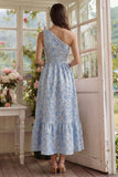 Robe Midi à une épaule à une épaule Jacquard A Line avec volants