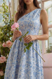 Robe Midi à une épaule à une épaule Jacquard A Line avec volants