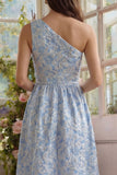 Robe Midi à une épaule à une épaule Jacquard A Line avec volants