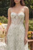 Corset appliqueté vert clair Fines bretelles Une robe midi Line