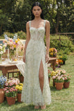 Robe d'invitée de mariage midi verte ligne A bustier tulle appliqué avec fente