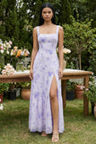 Robe Midi à encolure carrée imprimée lilas avec fente