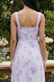 Robe Midi à encolure carrée imprimée lilas avec fente