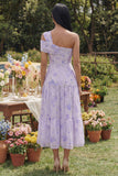 Robe Midi à une épaule imprimée A avec volants