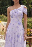 Robe Midi à une épaule imprimée A avec volants