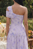 Robe Midi à une épaule imprimée A avec volants