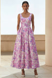 Robe midi à motif de fleurs lilas à col carré courbé