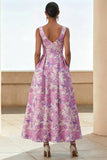 Robe midi à motif de fleurs lilas à col carré courbé