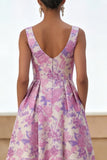 Robe midi à motif de fleurs lilas à col carré courbé