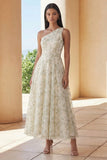 Robe Midi à une épaule appliquée vert clair A Line
