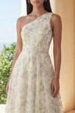 Robe Midi à une épaule appliquée vert clair A Line