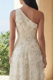 Robe Midi à une épaule appliquée vert clair A Line