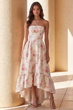 Robe Midi à lignes A sans anneaux à motifs de fleurs blanches roses et volants