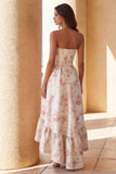 Robe Midi à lignes A sans anneaux à motifs de fleurs blanches roses et volants