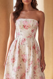 Robe Midi à lignes A sans anneaux à motifs de fleurs blanches roses et volants