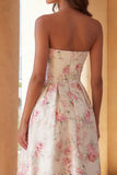 Robe Midi à lignes A sans anneaux à motifs de fleurs blanches roses et volants