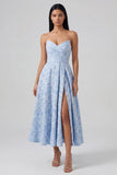 Robe Midi bleue Jacquard sans bretelles à fête