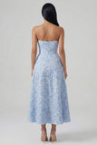 Robe Midi bleue Jacquard sans bretelles à fête
