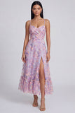 Fleurs de lilas appliquées à bretelles fines Une robe midi en ligne avec fente