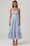 Corset Jacquard bleu sans bretelles robe Midi A Line avec volants