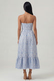 Corset Jacquard bleu sans bretelles robe Midi A Line avec volants