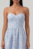 Corset Jacquard bleu sans bretelles robe Midi A Line avec volants