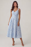 Robe Midi Jacquard bleue à col en V et ligne A