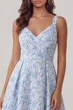 Robe Midi Jacquard bleue à col en V et ligne A