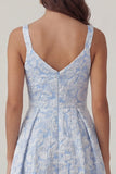 Robe Midi Jacquard bleue à col en V et ligne A