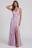Robe Midi à col en V appliqué fleur lilas avec fente