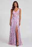 Robe Midi à col en V appliqué fleur lilas avec fente