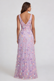 Robe Midi à col en V appliqué fleur lilas avec fente