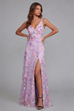 Robe Midi à col en V appliqué fleur lilas avec fente