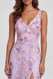 Robe Midi à col en V appliqué fleur lilas avec fente