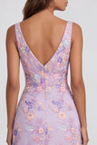 Robe Midi à col en V appliqué fleur lilas avec fente